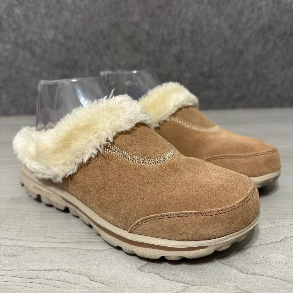 Skechers On-The-Go Joy Cozy Clogs Womens‎ 6 Brown Suede Faux Fur Mules